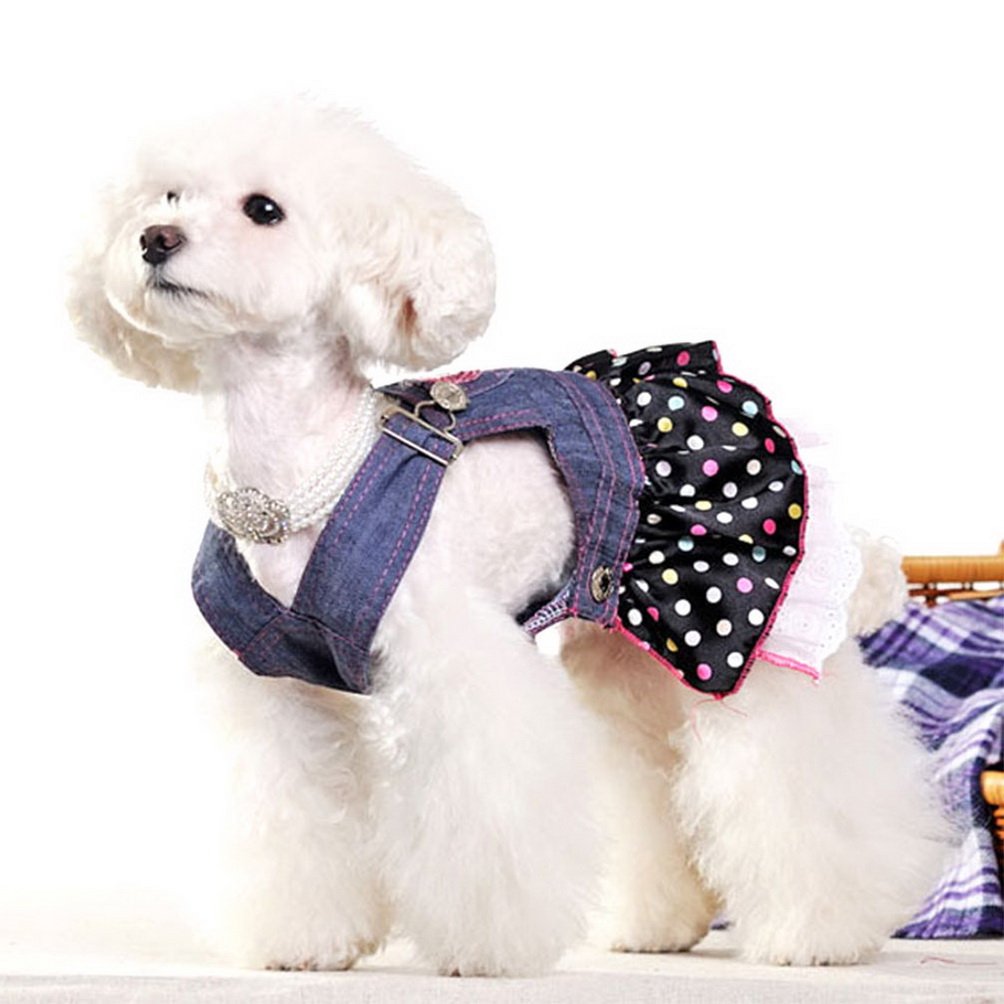 SELMAI Dog Costumes Dress Rompers Denim Jumpsuit for Small Puppies Pet Cats Princess Jean Clothes with Pocket Bib Outfits Pleated Tiered Skirt Polka Dots Heart Sequins for Summer M