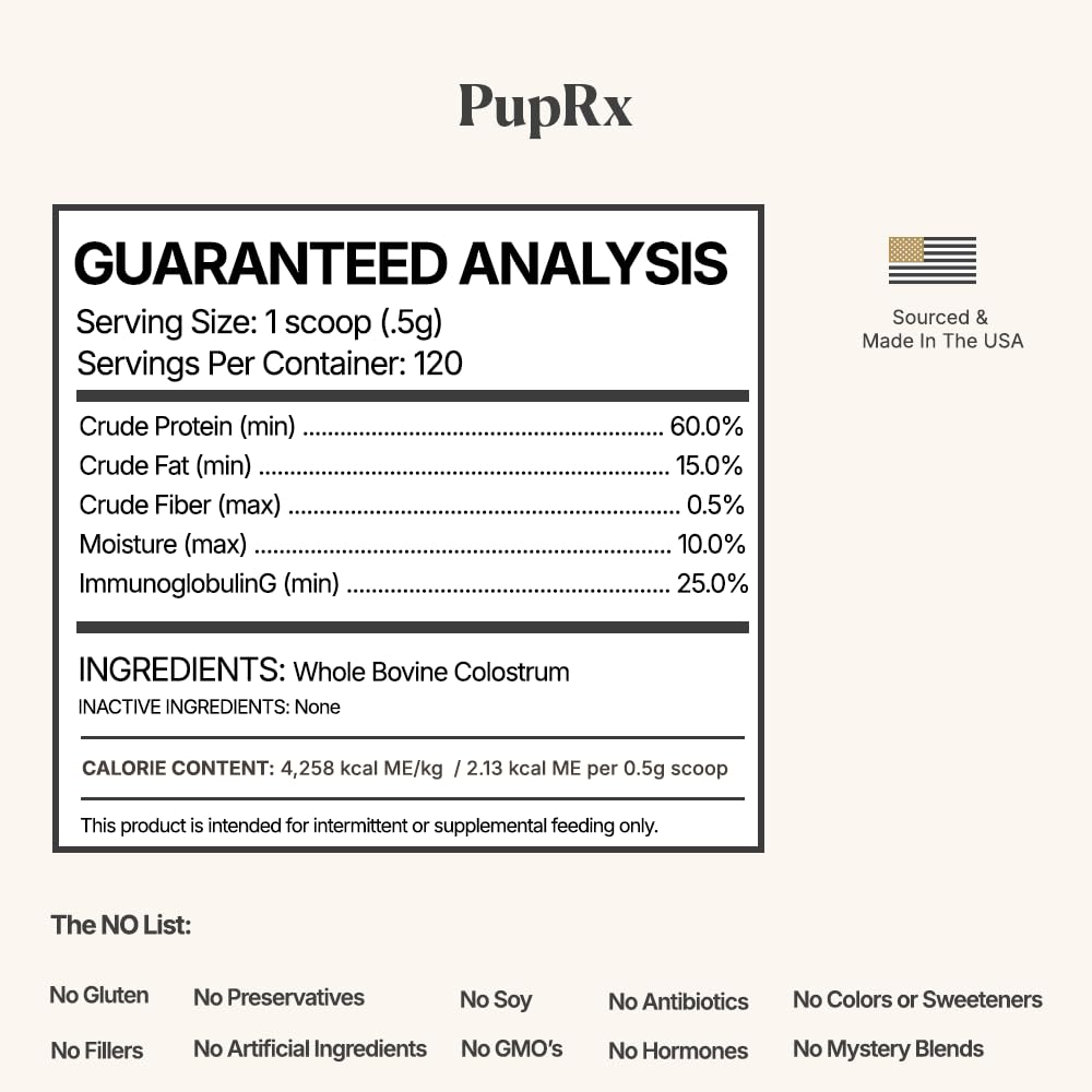PupRx Colostrum for Dogs - 25% IgG Pure Bovine Colostrum Powder Supports Immune & Gut - Digestive Health, Allergy, Skin & Itch Relief - No Fillers, Grass-Fed USA Sourced – 60g (~120 Scoops)