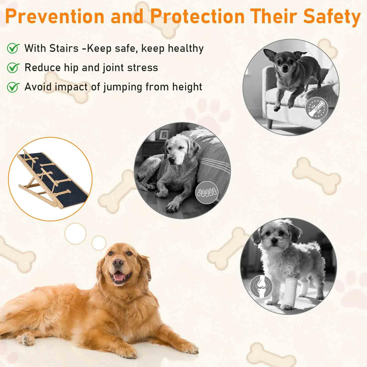 Dog Ramp Adjustable 5 Heights, Non-Slip Design with Leather Handle for Easy Transport & Storage, Perfect for Beds and Couches-Ideal for Small to Large Dogs