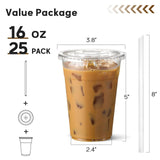 25 Pack - 16 oz Plastic Cups with Lids and Straws, Clear Iced Coffee Cups with Lids, Disposable Cups with Lids for Cold Drinks, Iced Tea, Milkshakes, Smoothies - Durable & BPA Free