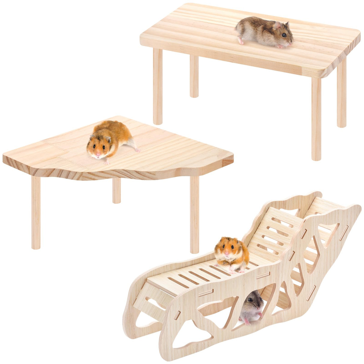 3-Piece Set Hamster Platform Play Wooden for Dwarf Syrian Hamsters Gerbils Mice or Other Small Pets
