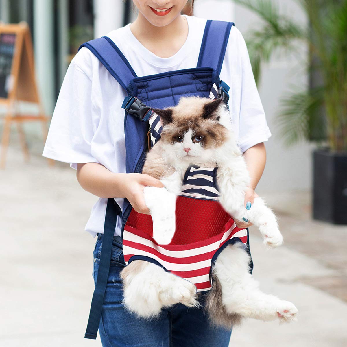 Lifeunion Legs Out Dog Carrier Backpack Hands-Free Adjustable Pet Travel Carrier for Small Medium Dogs Cats Motorcycle Hiking Walking (Red and Blue Stripes)