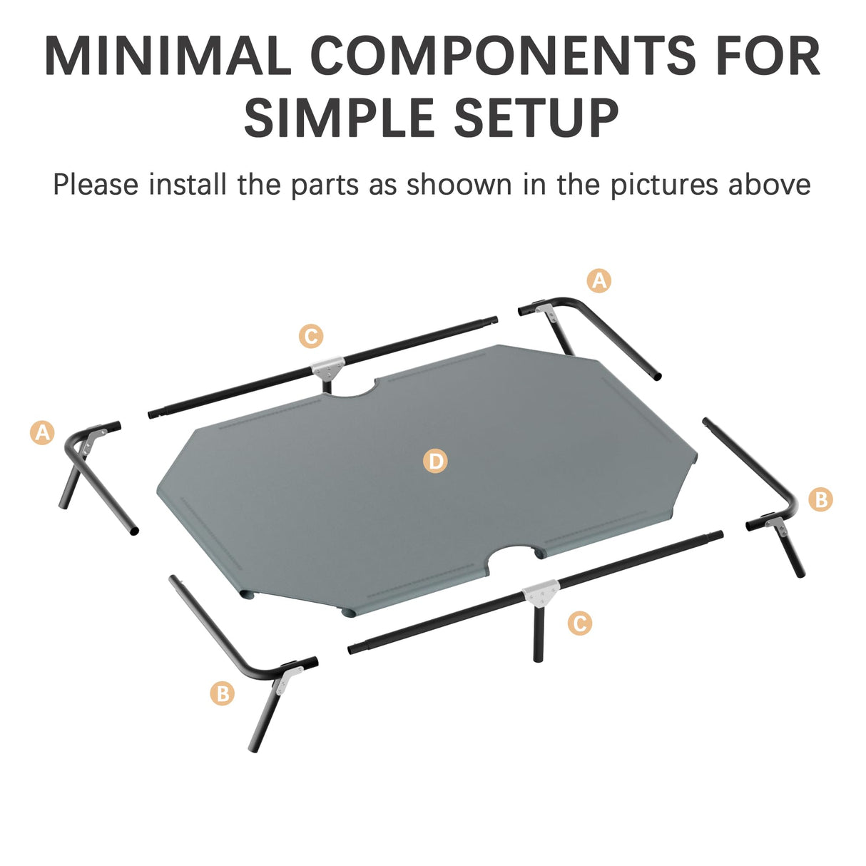 Folding Elevated Dog Bed for Large Dogs, Portable Raised Camping Outdoor Dog Bed, Washable Elevated Pet Beds with No-Slip Feet, Raised Cooling Pet Beds for Indoor & Outdoor Use, Grey, 44 Inches