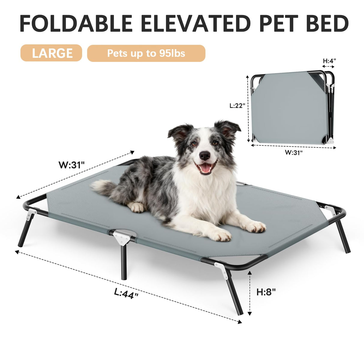 Folding Elevated Dog Bed for Large Dogs, Portable Raised Camping Outdoor Dog Bed, Washable Elevated Pet Beds with No-Slip Feet, Raised Cooling Pet Beds for Indoor & Outdoor Use, Grey, 44 Inches