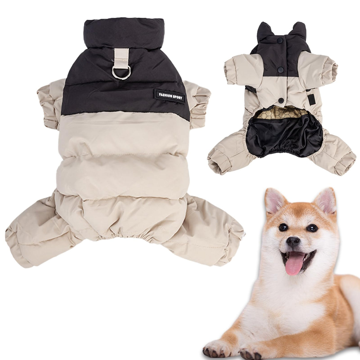 Duuclume Winter Dog Coat with Stand Collar,Windproof Waterproof Warm Dog Jacket for Cold Weather, Four Legged Pet Snowsuit (Beige, 2XL)