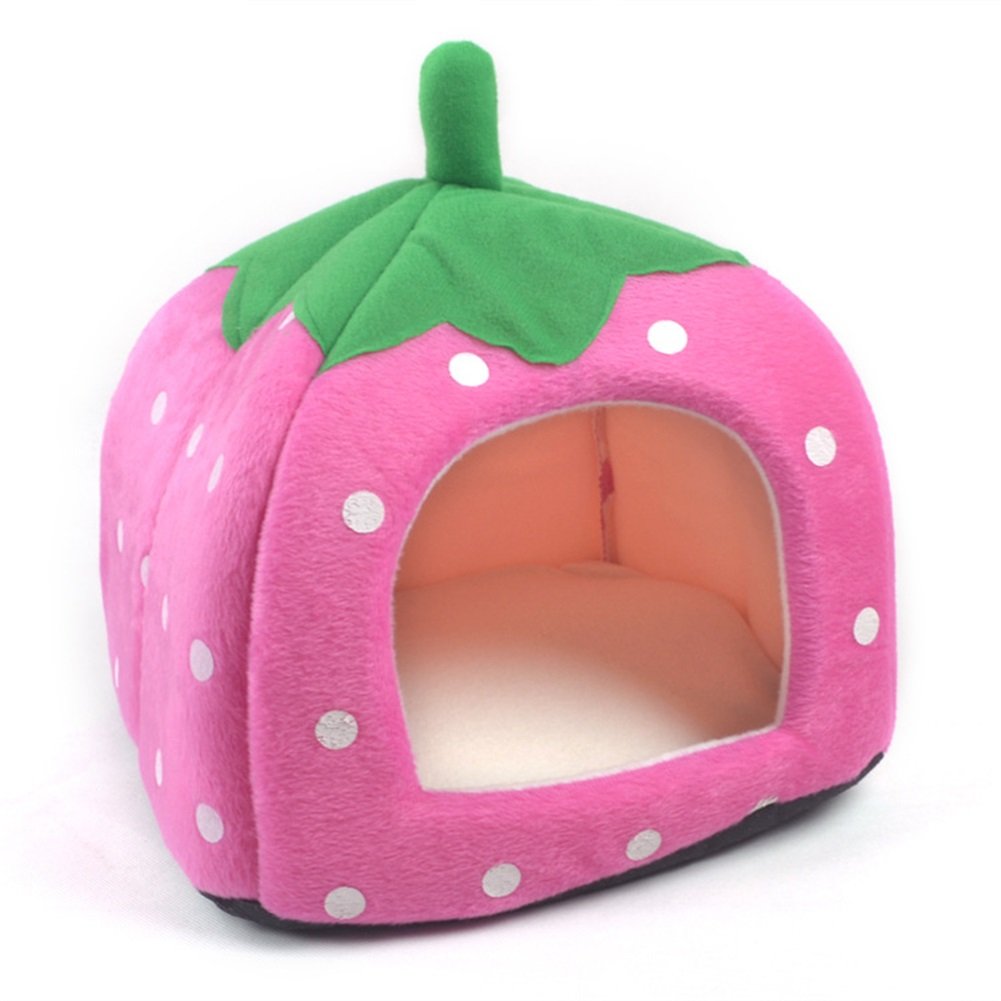 Vedem Pet Portable Strawberry Fleece House Bed for Dog/Cat/Rabbit/Hamster/Guinea-Pigs (S, Pink)