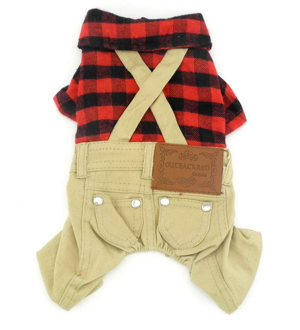 SMALLLEE_LUCKY_STORE Pet Clothes for Small Dog Cat Red Plaid Shirts Sweater with Khaki Overalls Pants Jumpsuit Outfits XL