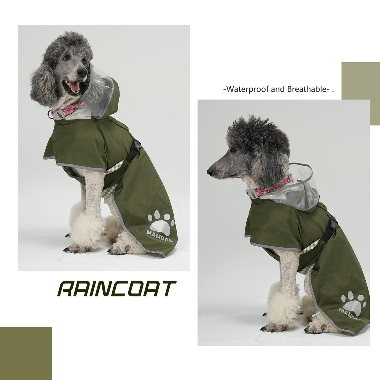 MAMORE Dog Raincoat Hooded Rain Jacket for Small Medium Large Dogs Slicker Poncho Bottom Waterproof Adjustable Reflective Breathable Leash Hole (Army Green, Large)