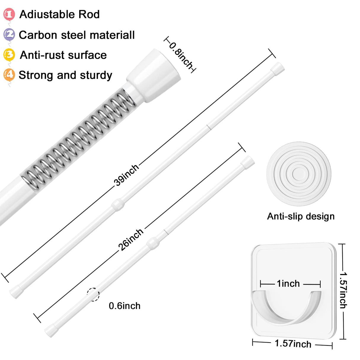 AIZESI 2pcs Spring Tension Rods Adjustable 26 to 39 inch Small Tension Curtain Rod No Drilling Expandable Spring Loaded Curtain Rod,Suitable for Doors and Windows 28 to 36 inch, White