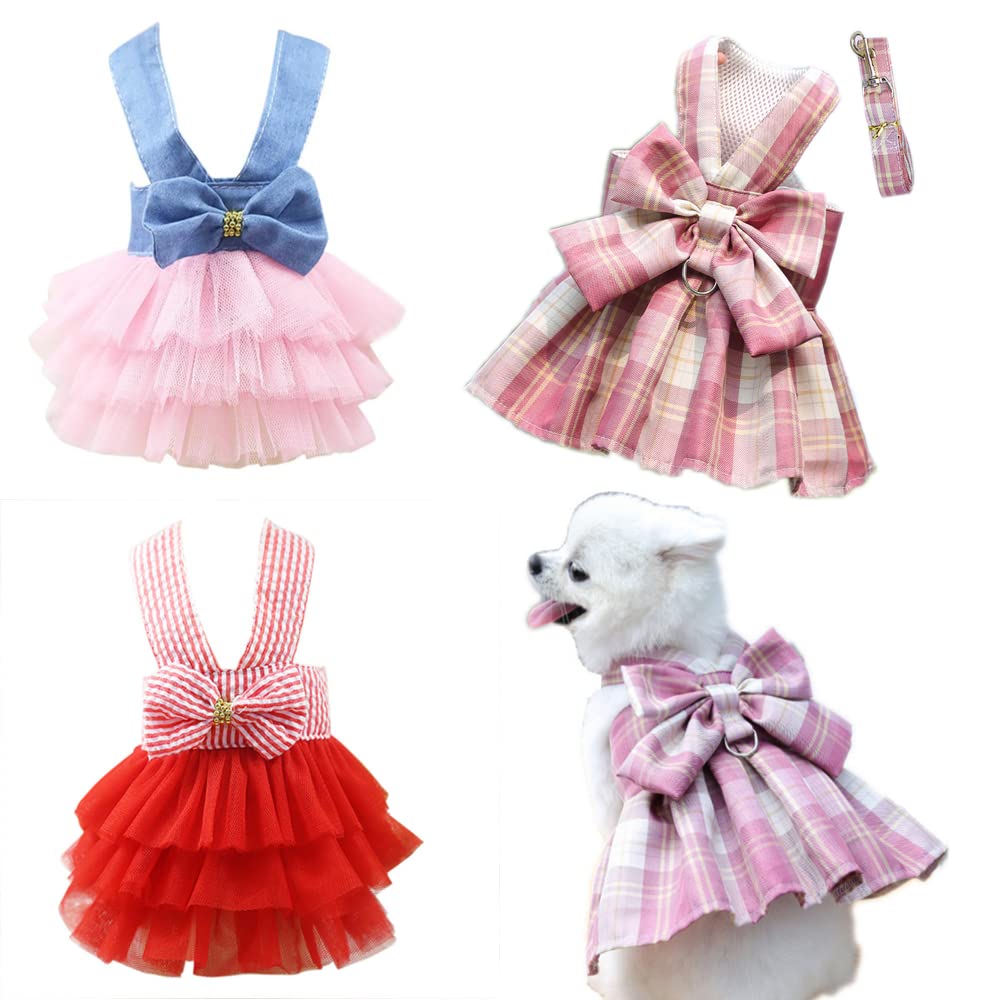 Clopon 3Pcs Harness with Leash Set Puppies Summer Clothes for Small Gril Dogs Christmas Fancy Dresses for Cat Clothes L