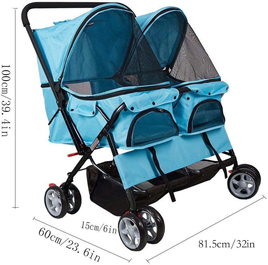 Pet Stroller Twin Folding Dog Cat Carrier Travel Cart, Multiple Colors Blue