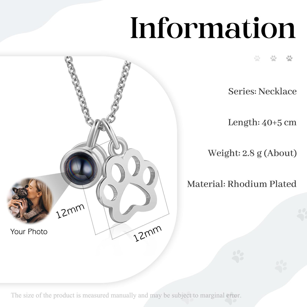 Custom Necklace with Picture Inside Personalized Pet Photo Projection Necklace Dog Cat Paw Pendent Necklace Customized Picture Memorial Jewelry Gifts (Silver)