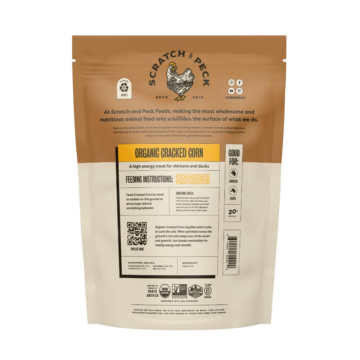 Scratch and Peck Cracked Corn Chicken, Duck and Livestock Supplemental Grain - 8 lbs Bag - 7.5% Protein, Certified Organic and Non-GMO Project Verified Chicken Food