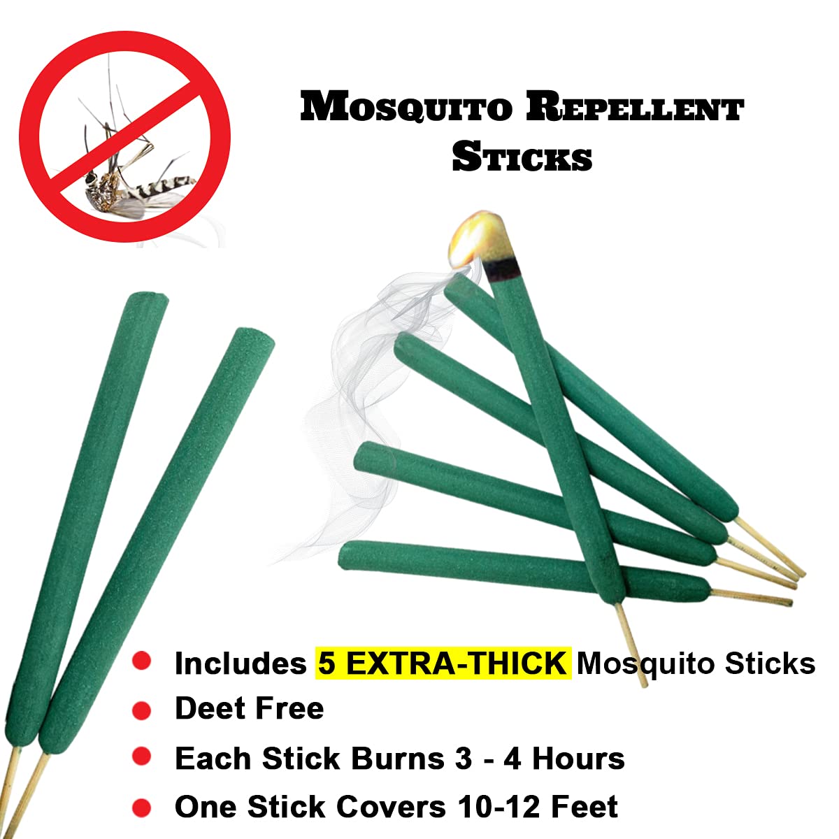 W4W, Mosquito Repellent Sticks Extra-Thick - Outdoor Use Reaches Up to 10-12 feet - Each Stick Burns for Hours - (Three Pack Contains 15 Repellents)