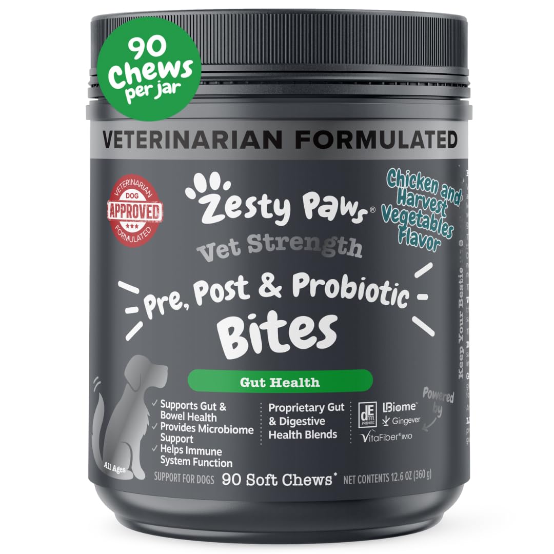 Zesty Paws Vet Strength Probiotics for Dogs, Digestive Health & Gut Flora Support, Dog Supplements, 90 Count
