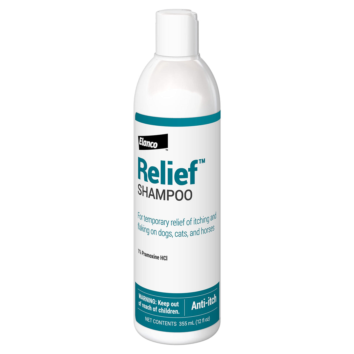 Elanco Relief Shampoo, temporary relief of itching and flaking, moisturizer for dry skin and coat, for dogs, cats and horses, 12 oz