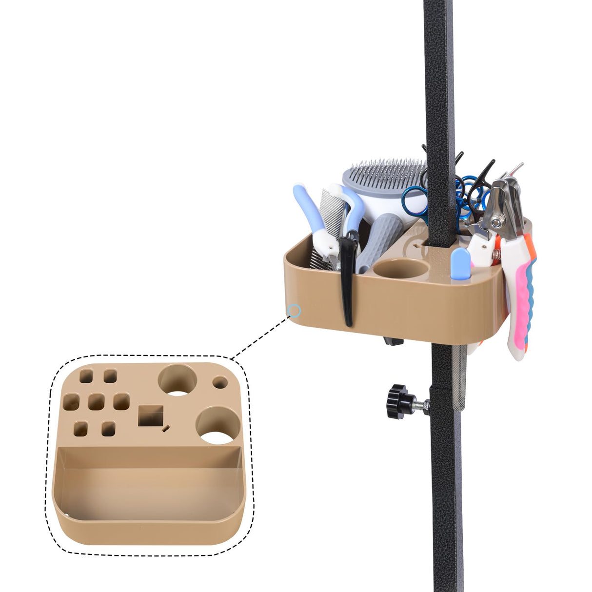 Huioqwe Pet Grooming Organizer for Scissors Brushes and Tools - Rotatable Multi Compartment Grooming Arm Stand