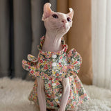 WCDJOMOP Hairless Cat Clothes - Breathable Summer Cotton Puff Sleeve Floral Dress Romantic Girly Skirt Elegant Soft Princess Dress for Sphynx, Cornish Rex, Devon Rex, Peterbald Cat (XXL-,Floral)