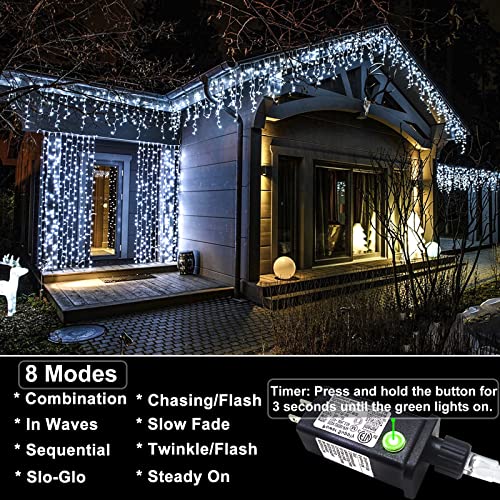 132ft Icicle Lights for Outside, 1280 LED White Christmas Lights Outdoor with 240 Twinkle Drops, 8 Modes Plug in Waterproof Timer Memory for Tree Wedding Party House Patio Eave Yard Holiday Decoration