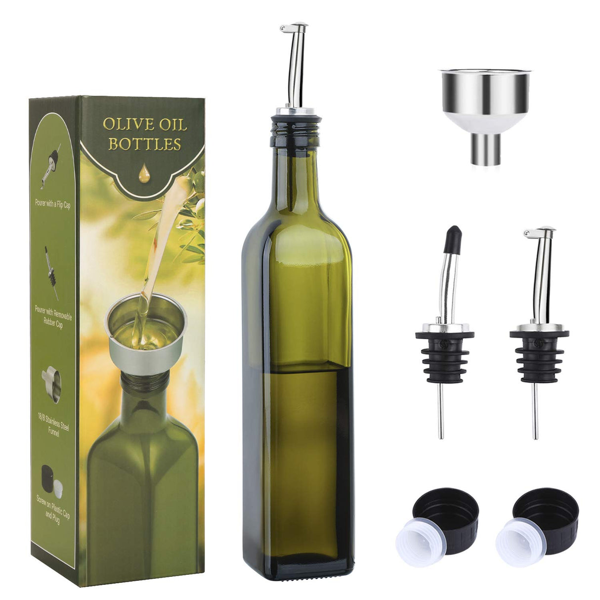 17oz Glass Olive Oil Bottle Dispenser - 500ml Green Oil and Vinegar Cruet with Pourers and Funnel - Olive Oil Carafe Decanter for Kitchen