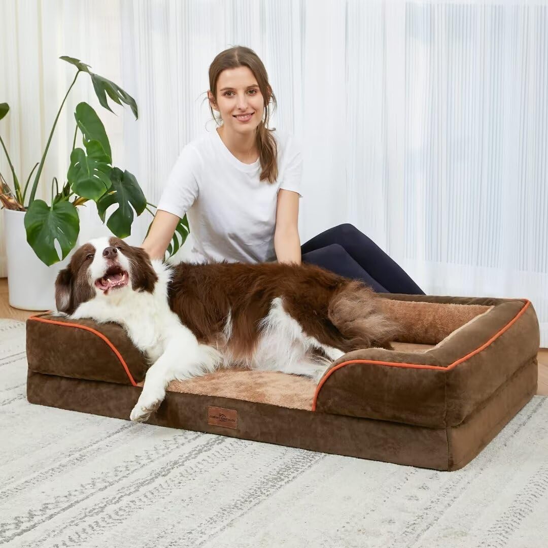 Comfort Expression Orthopedic Dog Bed for Extra Large Dogs 45x35 Inch, Waterproof Supportive Egg Crate Foam XL Pet Bed with Removable Bolsters, Dog Couch with Washable Cover & Non-Slip Bottom, Brown