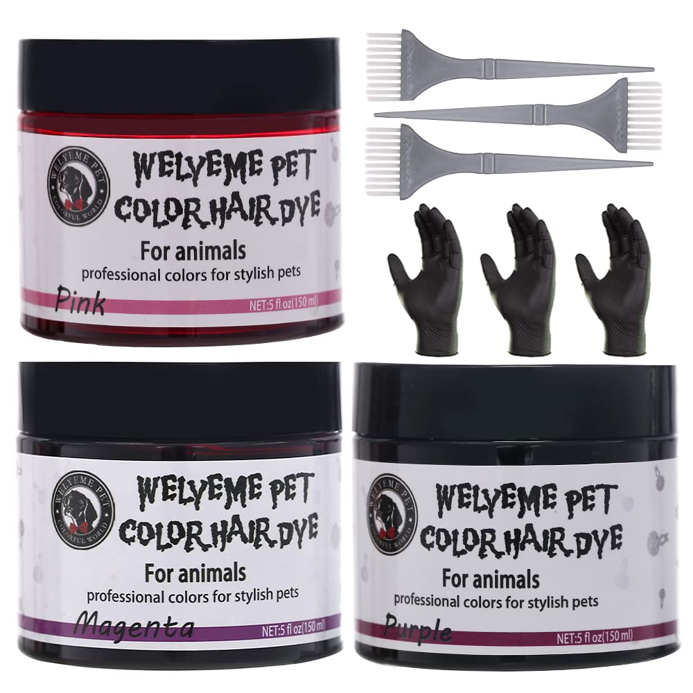 WELYEME Dog Hair Dye Set, Permanent Pet Hair Color - 3 Dog Hair Color Brushes & Gloves, Non-Toxic Safe Dog Hair Dye kit (Magenta Purple Pink - 2)