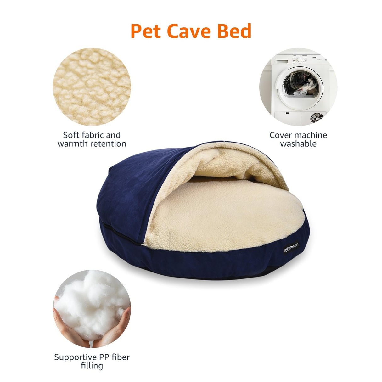 Amazon Basics Pet Cave Bed for Dog, With Removal Nesting Cave Cover, Fits up to 35lbs Pets, 30 x 30 x 12.5 inches, Blue