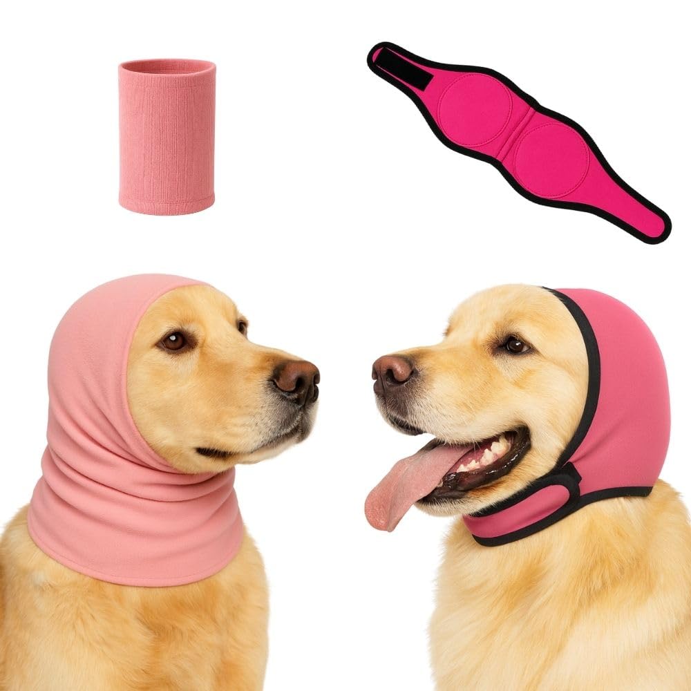2-Pack No Flap Ear Wraps for Dogs & Dog Ear Muffs – No Shake Ear Wrap + Ear Cover with Noise Protection for Bath, Grooming & Drying – Anxiety Relief & Hematoma (Pink, L)