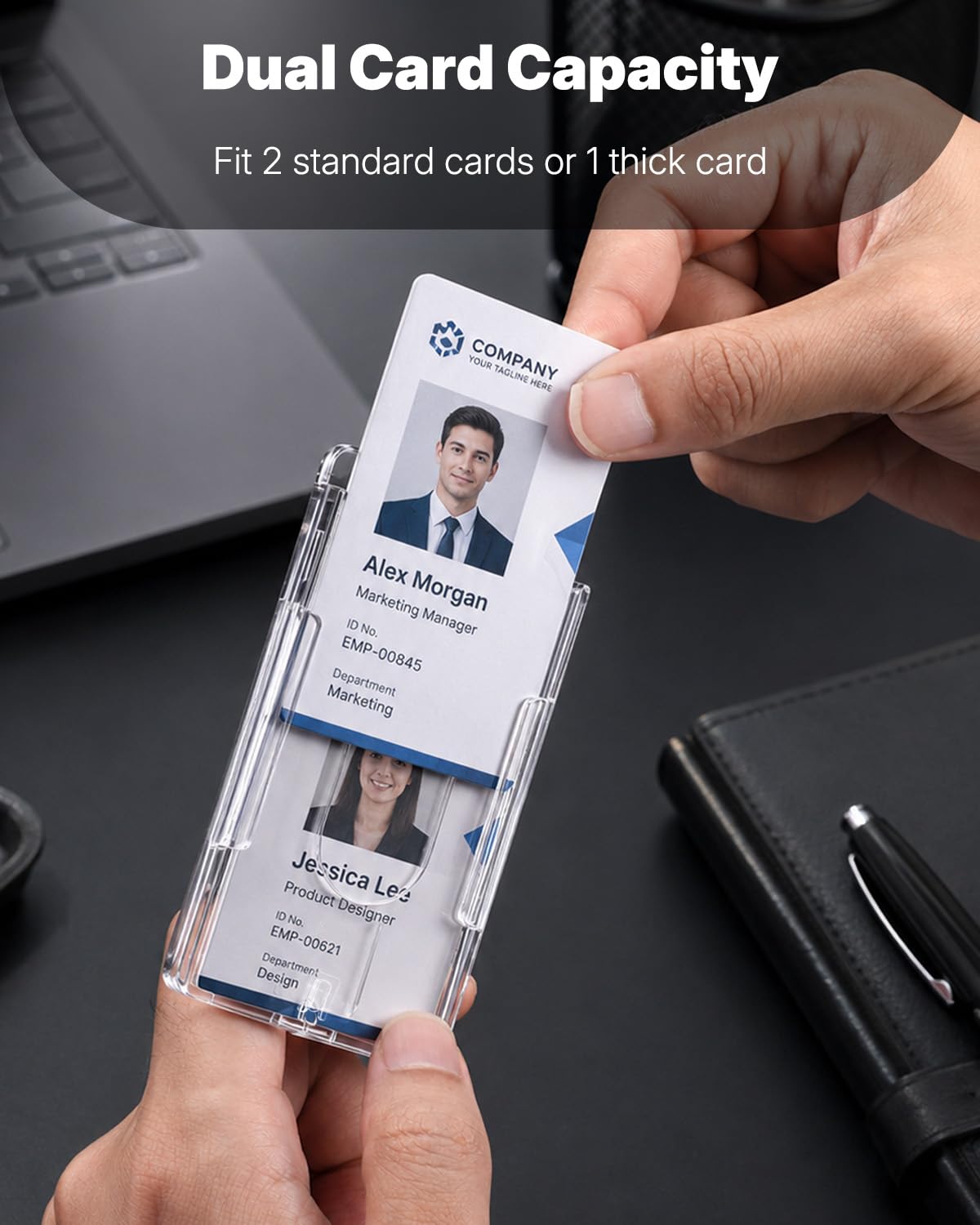 2 Pack Vertical 2-Card Badge Holder with Thumb Slot Hard Transparent PC Case Protector for Office School IDs Credit Cards Driver’s Licenses and Passes