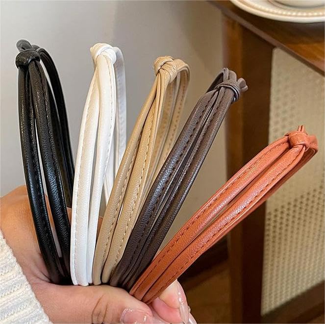 WOVOWOVO 5 Pcs Thin Leather Headbands for Women, Cute Knotted Head Bands for Women’s Hair Womens Headbands Fashion Black Brown White Headbands for Girls Womens Hair Accessories