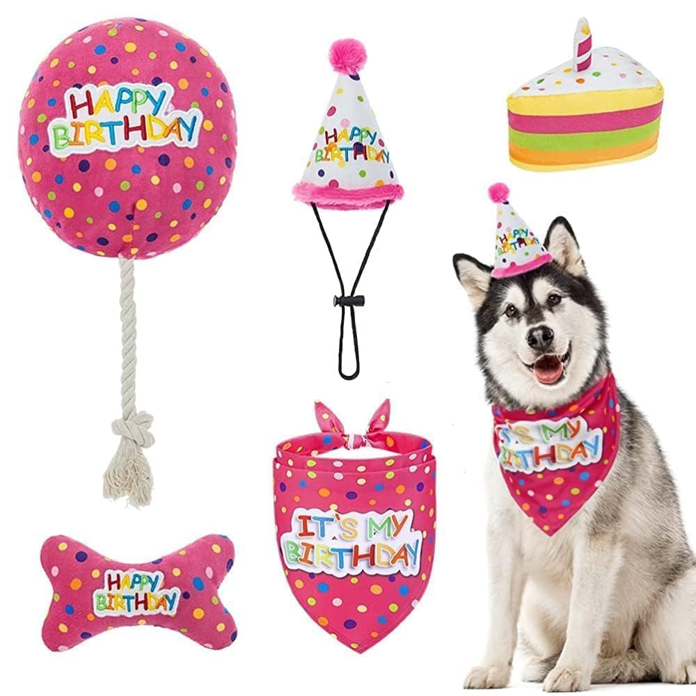 BINGPET Dog Birthday Bandana Set with Cake and Balloon,Dog Birthday Party Supplies for Boys and Girls,Puppy Chew Toys Gift for Large and Extra Large Dogs Pets - Pink