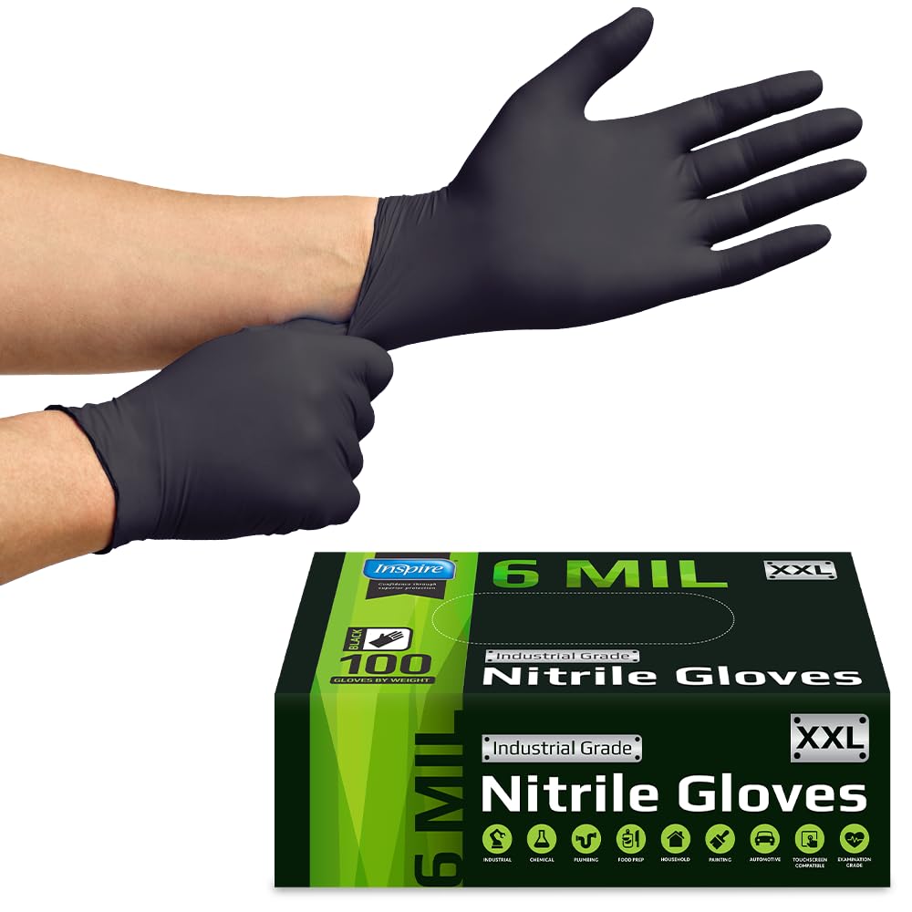 Inspire Black Nitrile Gloves HEAVY DUTY 6 Mil Nitrile Chemical Resistant Medical Cooking Cleaning Disposable Black Gloves (Medium, 100, Count)