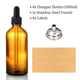 4 Pack, 100ml Dropper Bottles with 1 Funnel & 4 Labels - Essential Oils Bottles for Health, Personal Care & Beauty - 3.4oz Thick Dark Amber Glass Tincture Bottle with Eye Droppers, Leakproof