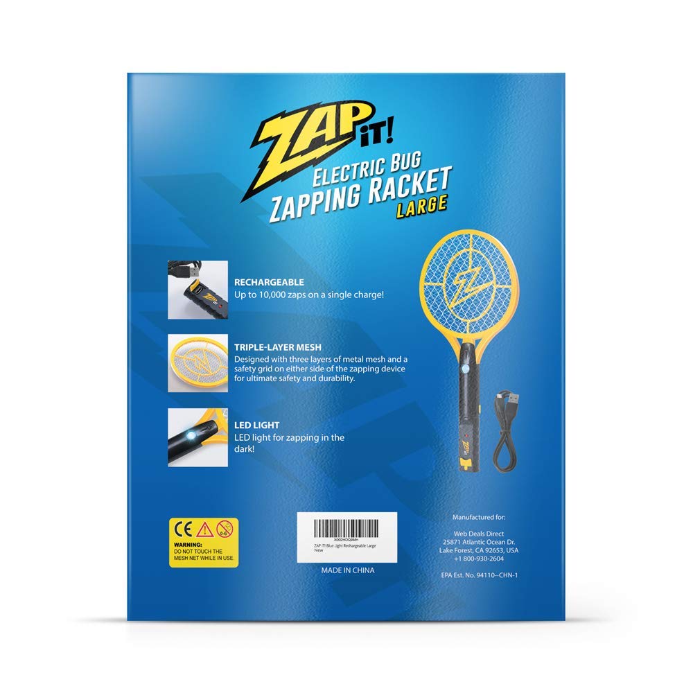 ZAP IT! Bug Zapper Rechargeable Bug Zapper Racket W/ Blue Light Attractant, 4,000 Volt, USB Charging Cable