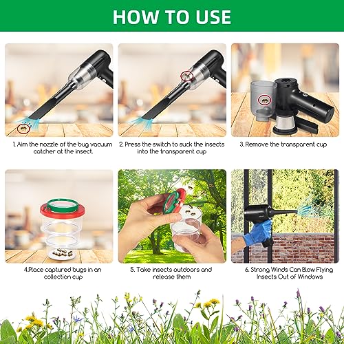 Fruit Fly Catcher Handheld Bug Vacuum Catcher with 9000PA&LED, Lightweight Rechargeable Insect Traps Indoor Outdoor Bug Vacuum Bug Moth Gant Cockroach Small Spider Catcher and Release with Insect Cage