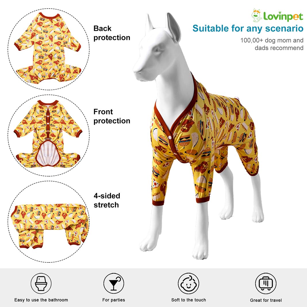 LovinPet Dog PJS Onesies for Giant Dogs, Post Surgery Shirt Dog, UV Protection, Yellow Hamburger Print, Lightweight Pullover Pet Pajamas, Pitbull Onesie, Pajamas for Pitbulls, Onesies for Dogs,2XL