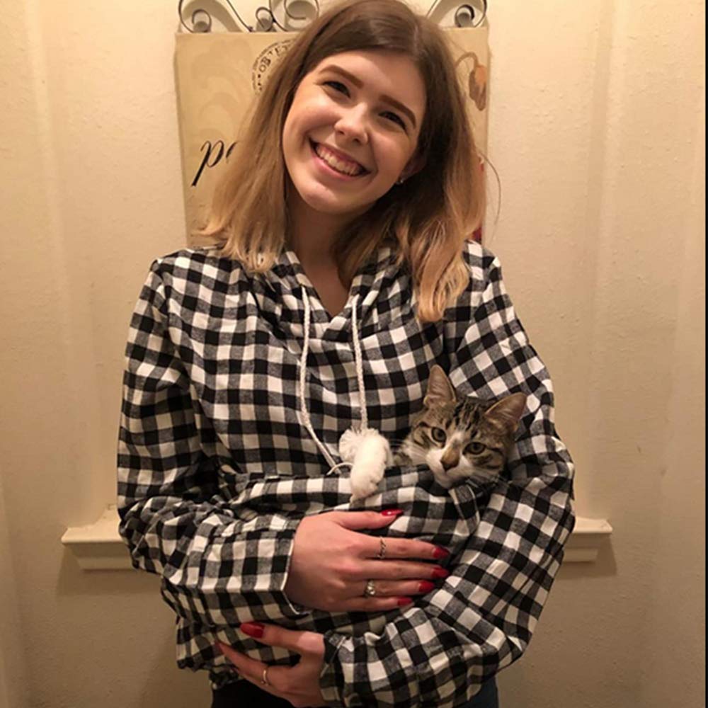 Pet Pouch Hoodie - Cat Dog Holder Sweatshirt Large Pocket Carrier Pullover Tops for Women (Black+White, Large)