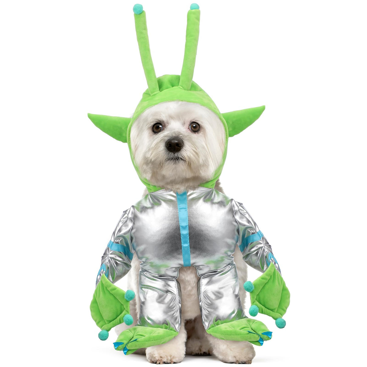 Huhumy Green Alien Costume for Small Dog, Medium Dog Halloween Astronaut Outfits Alien Pet Costume Cute Hooded with Reflective Outfits for Puppy Kitten Halloween Cosplay Party(M)