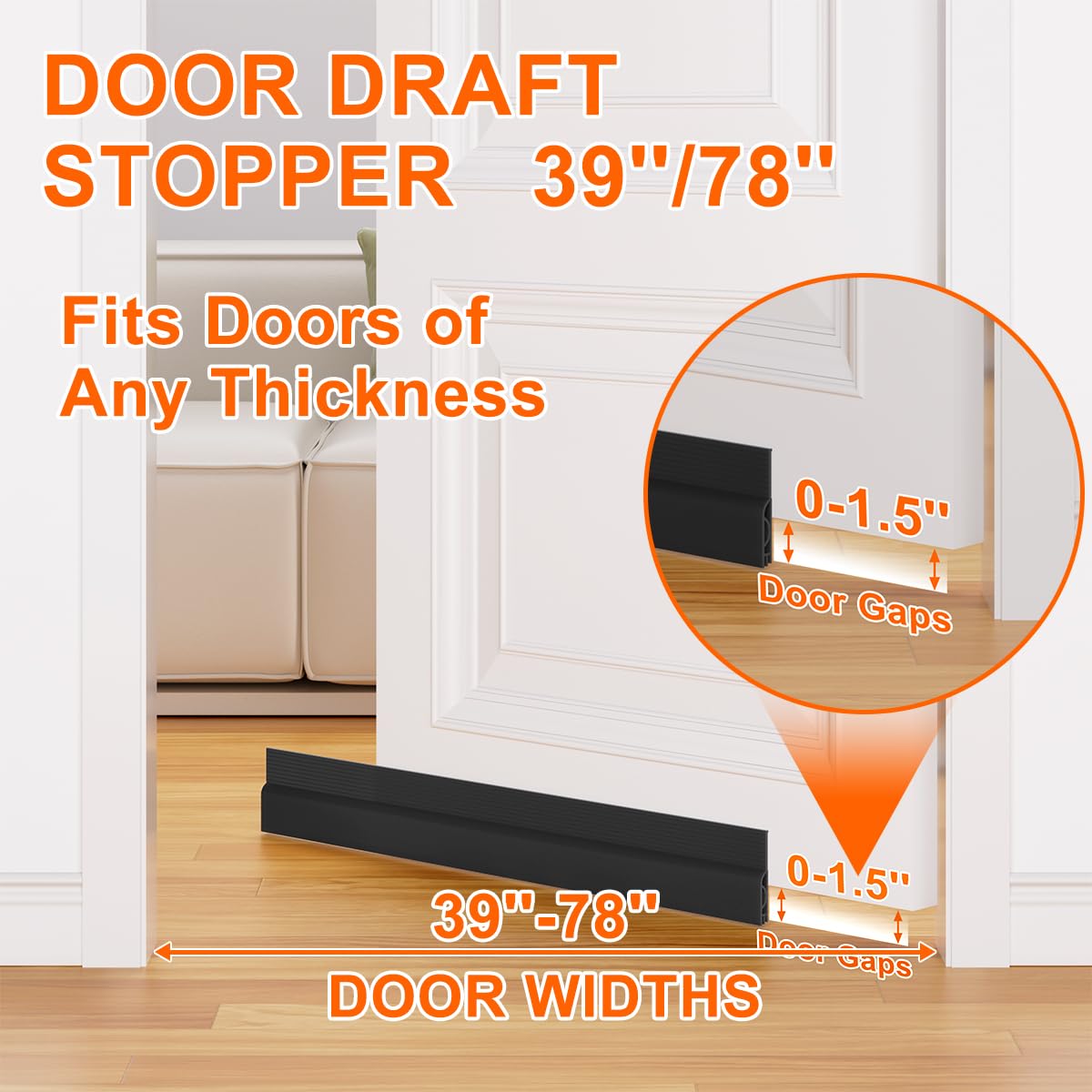 Ormein Door Draft Stopper, Adjustable Weather Stripping Seal for Cold Insulation, Bottom/Under Sweep for Exterior & Interior Doors, Seal Blocker Noise, Black, 39 inches