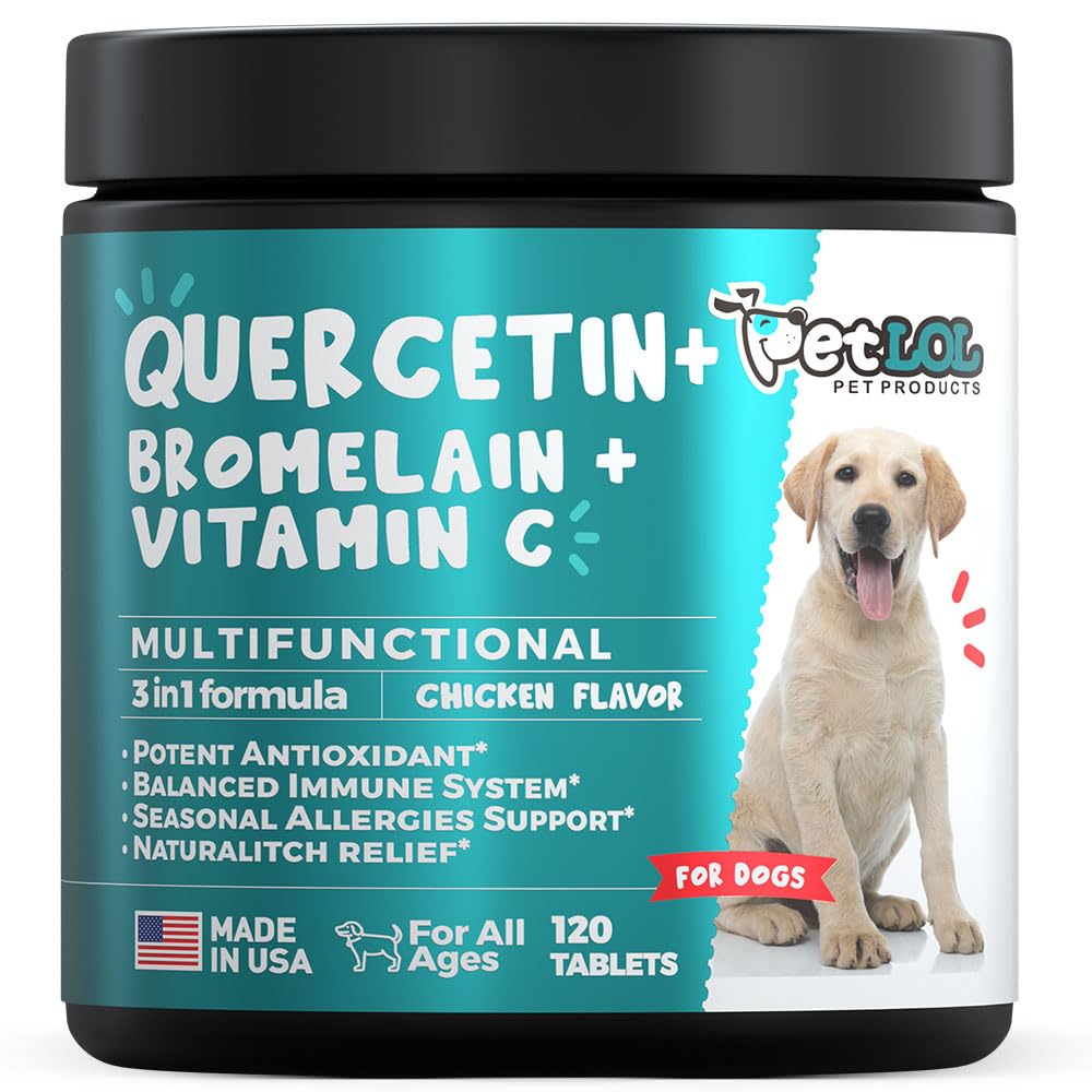 PET LOL Quercetin for Dogs with Bromelain & Vitamin C - Allergy & Itch Relief, Immune & Inflammatory Support - 120 Chewable Tablets Made in USA