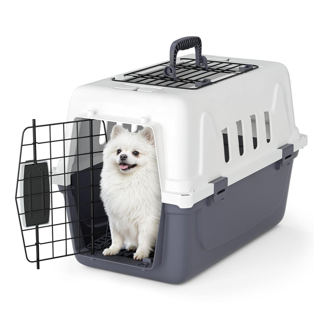 Magshion 18 Inch Pet Carrier for Small Dogs and Cats with Top and Front Door Access, Plastic Dog Kennel for Longer Traveling, Durable Handle, and 4 Sides Ventilation for Pet Up 10 lbs (White+Grey)