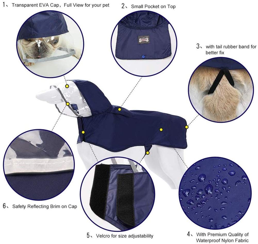 Pet Raincoat Packable Hooded Dog Rain Jacket Reflective Strips Lightweight Adjustable Poncho for Small Medium Large Dogs Blue XXXL