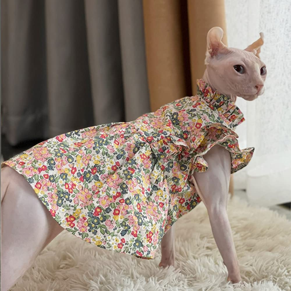 WCDJOMOP Hairless Cat Clothes - Breathable Summer Cotton Puff Sleeve Floral Dress Romantic Girly Skirt Elegant Soft Princess Dress for Sphynx, Cornish Rex, Devon Rex, Peterbald Cat (XXL-,Floral)