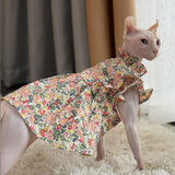WCDJOMOP Hairless Cat Clothes - Breathable Summer Cotton Puff Sleeve Floral Dress Romantic Girly Skirt Elegant Soft Princess Dress for Sphynx, Cornish Rex, Devon Rex, Peterbald Cat (XXL-,Floral)