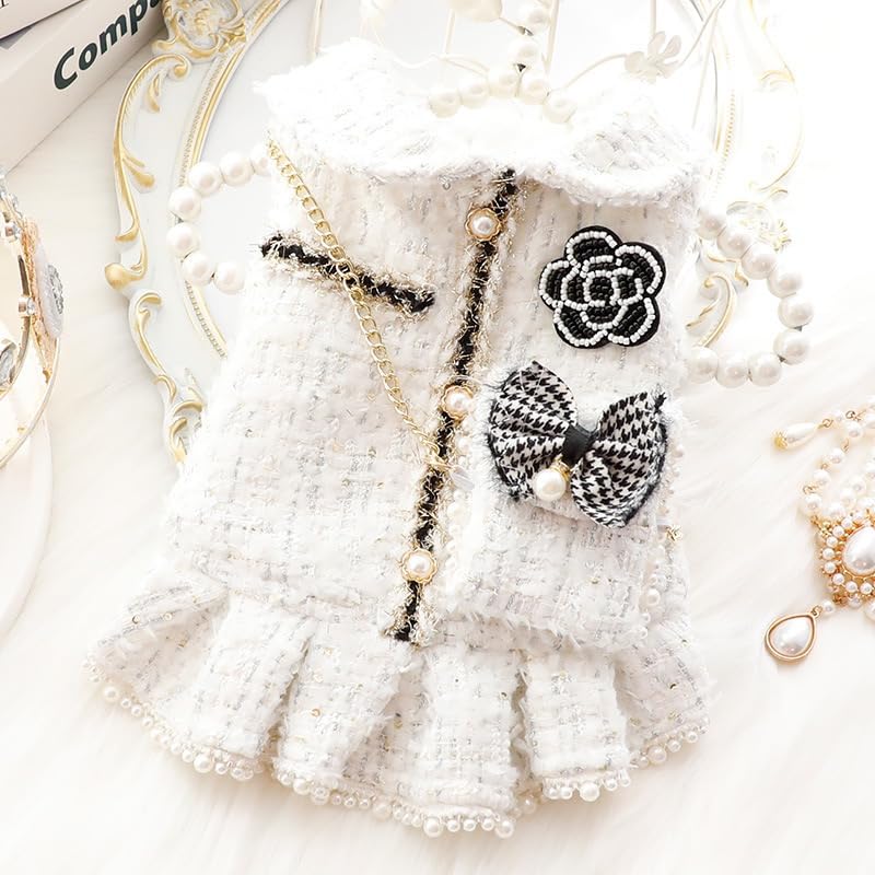 PalmPurr Fall Winter Small Dog Tweed Princess Dress White Pearl Design, Warm Fleece Dog Coat for Girls, Cute Puppy Clothes with Bow Flower, Luxury Chanel Style Pet Outfit for Cats & Dogs(White,L)