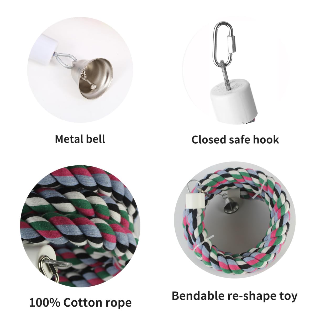 94.4inch Length Colorful Cotton Bendable Rope Perch Swing Bird Chew Toys Amazon Parrots Cage Toys with Bell Swing Climbing Standing Bungee Bird Toys for Regular to Big Size Birds