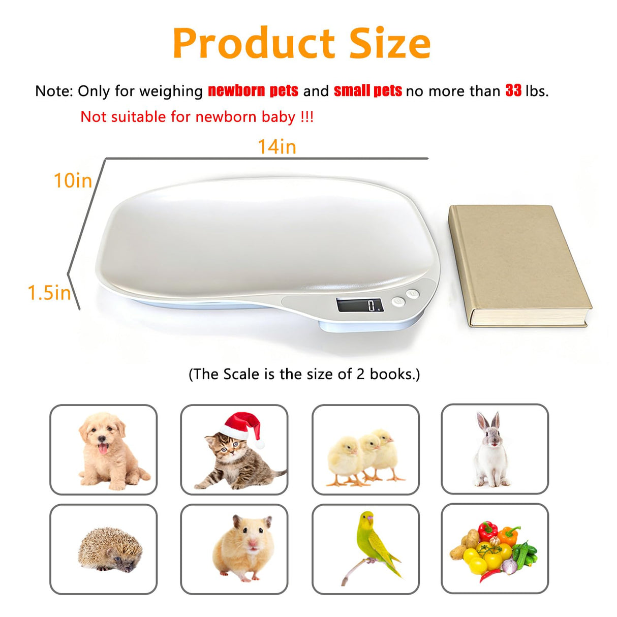 HMRCYTE Small Animal Digital Scale, Pet Scale with LCD Display, Puppy Scale, Electronic Kitchen Food Scale, (Max 33lbs),14 x 10 inches, for Weighing Kitten, Puppies, Hamster, Newborn Pets (White)