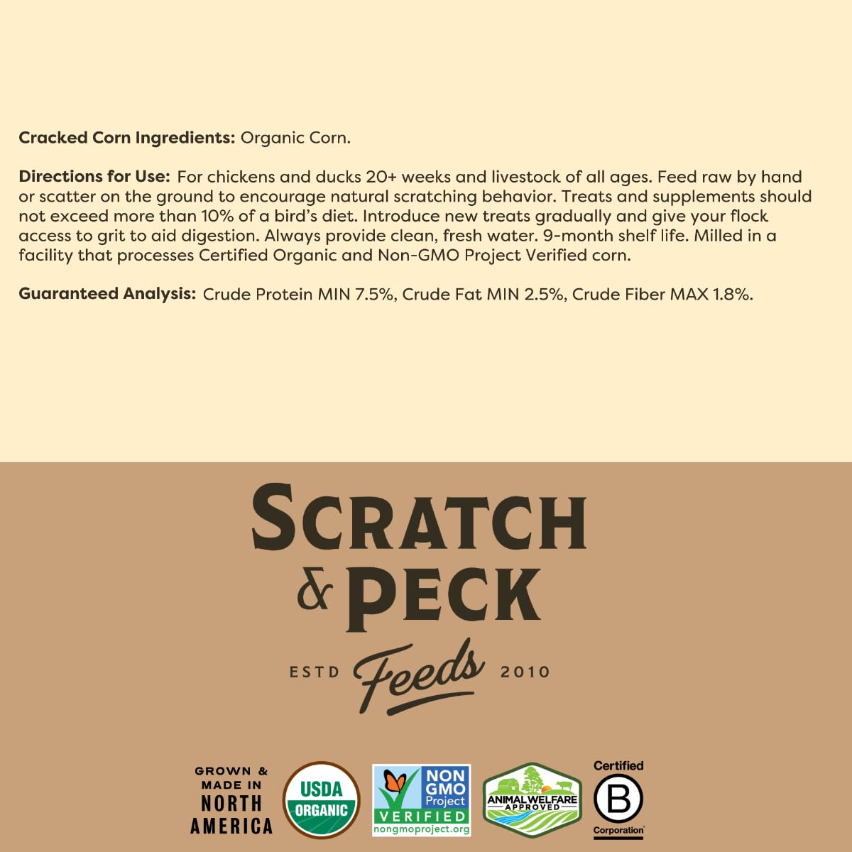 Scratch and Peck Cracked Corn Chicken, Duck and Livestock Supplemental Grain - 8 lbs Bag - 7.5% Protein, Certified Organic and Non-GMO Project Verified Chicken Food