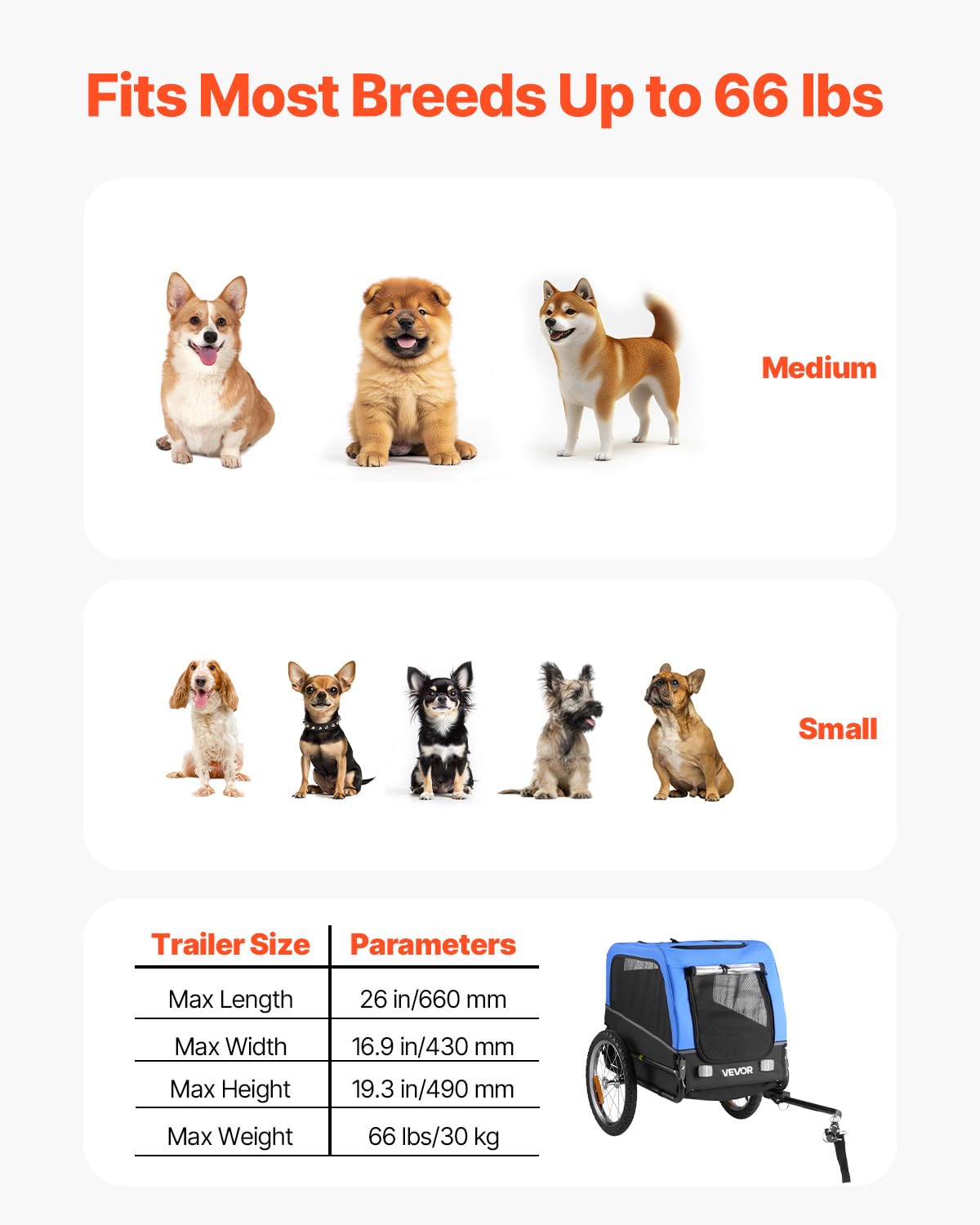 VEVOR Dog Bike Trailer, Supports up to 66 lbs, Pet Cart Bicycle Carrier for Small & Medium Dogs, Easy Folding Frame with Quick Release Wheel, Universal Bicycle Coupler, Reflector, Flag, Internal Leash