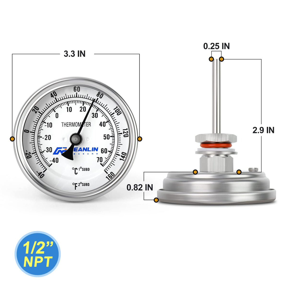 MEANLIN MEASURE 1/2" NPT Bimetal Thermometer for hot Water, boilers, and Pipes，3.3" Dial, 1-7/8" Stainless steel Stem，Temperature Range -40-160°F/-40-70 ° C, Accuracy 2%,Center Back Mount